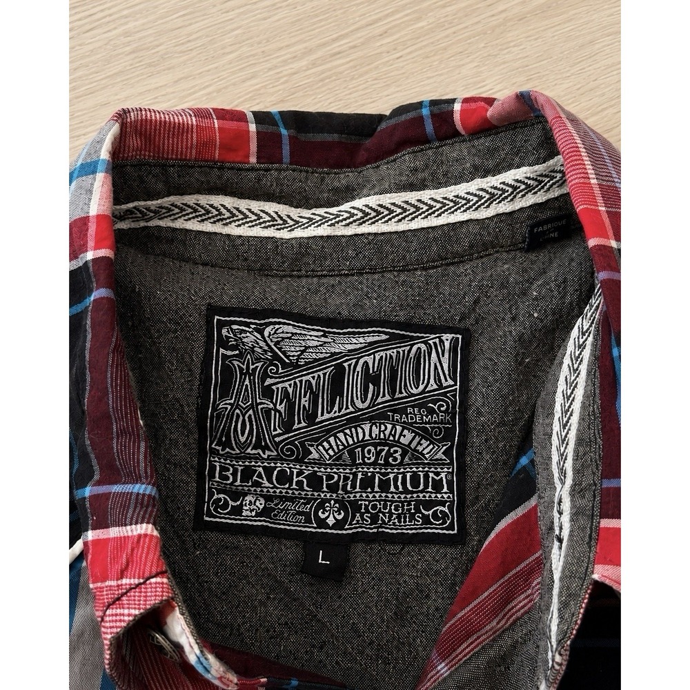 Affliction Black Premium Mens L Red Black Western Plaid Embroidered Y2K - Picture 6 of 6